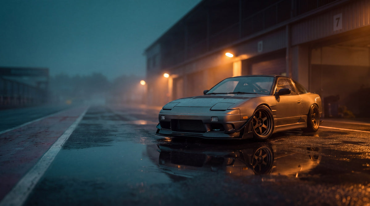 Modified sports coupe on a wet pit lane at dusk